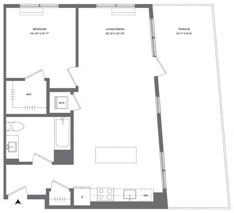Floor plan for 1 bed, 1 bath, 738 sqft